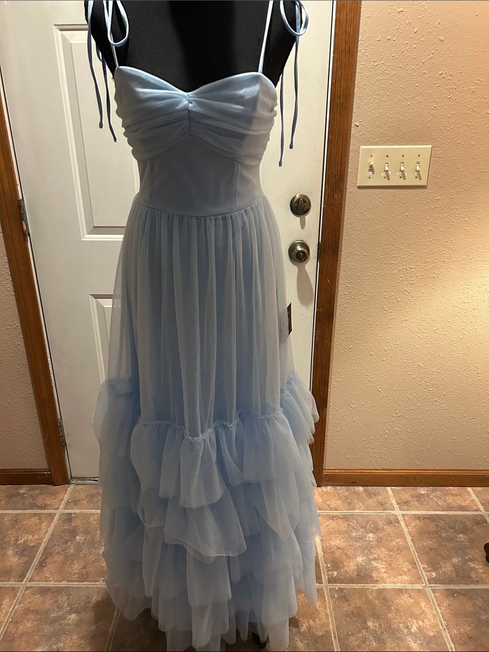 Elegant Light Blue Ruffle Tulle  Dress with Tie Straps